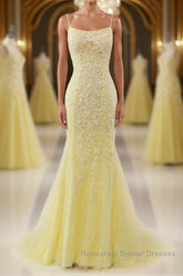 Mermaid Backless Yellow Lace Long Semi Formal Prom Dresses, Mermaid Yellow Formal Dresses, Yellow Lace Evening Dresses